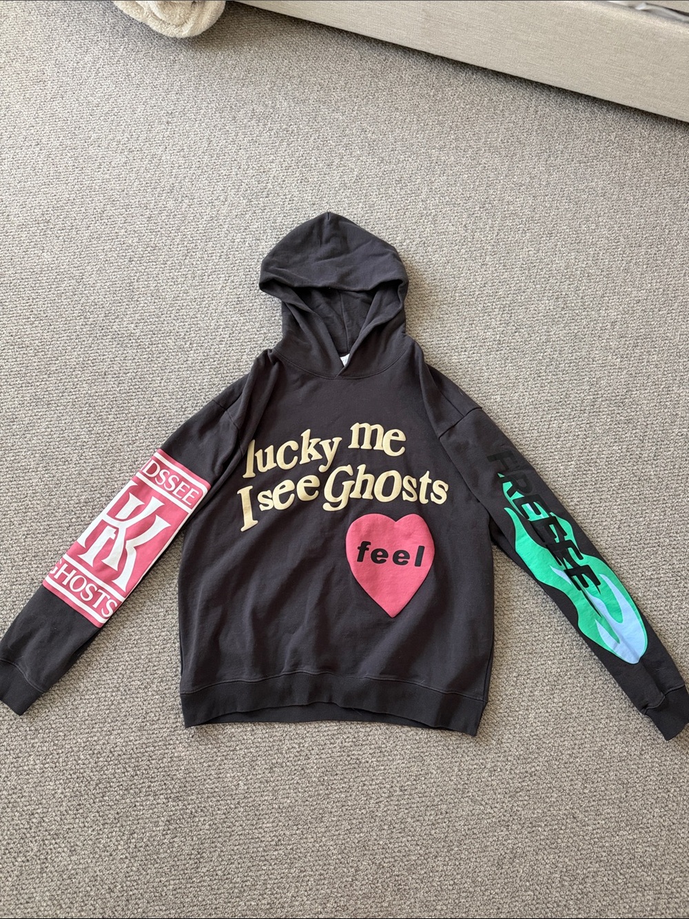 Amazon Black Hoodie with Yellow Text, Pink Heart and Multicolor Sleeve Graphics